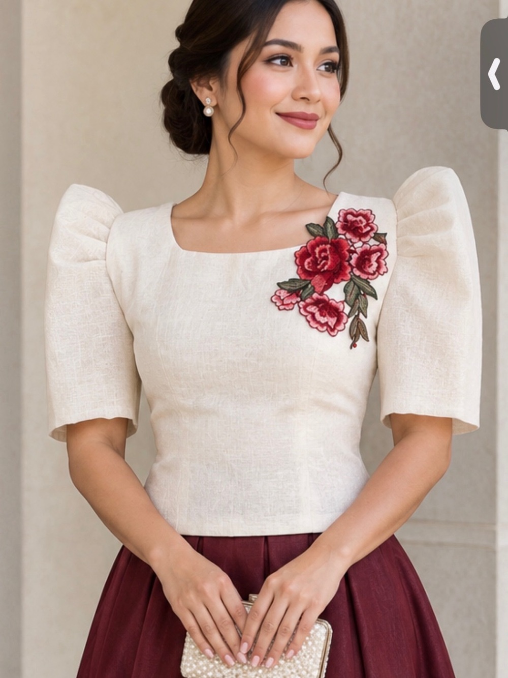 Embroidered Cream Puff-Sleeve Women's Top